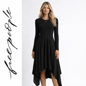 Free People Women’s Small Black Ribbed Midi Dress Whimsigoth Witchy Asymmetrical